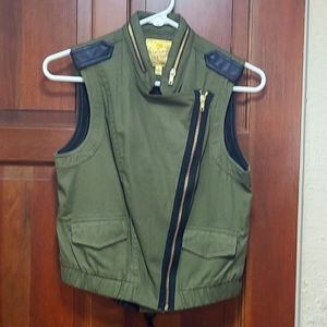 Army green zipper n leather embellish vest